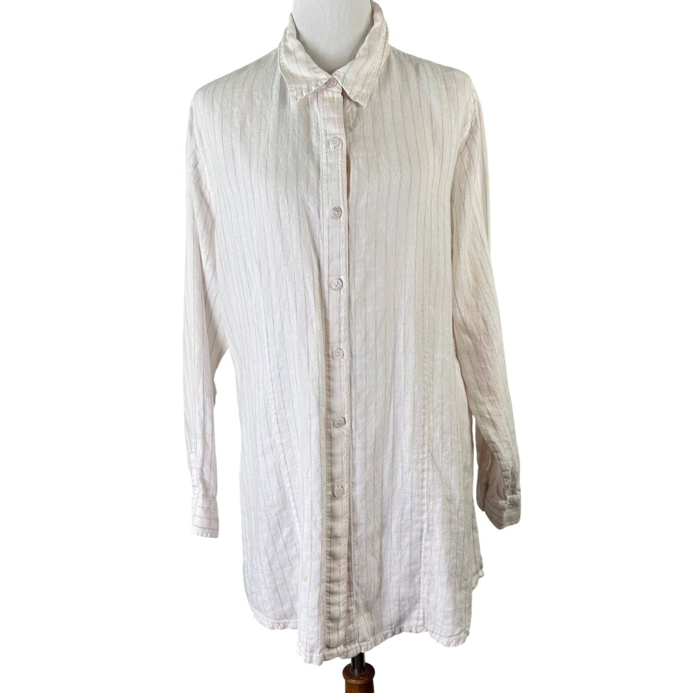 Chico's White Linen Striped Long Sleeve Button Down Tunic Shirt Womens 3 US XL